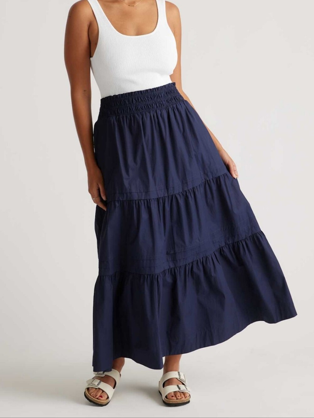Quince Organic Cotton Tiered Maxi Skirt Sz XS Navy Blue